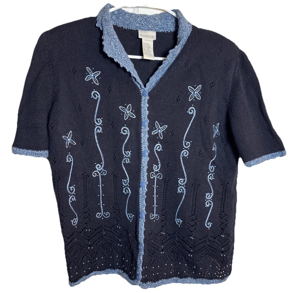 Vintage Koret Women's M Blue Embroidered Ramie Cotton Short Sleeve‎ Cardigan